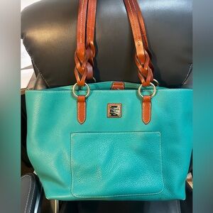 Dooney and Bourke Pebble Grain Teal Leather Tote Bag with Brown Straps